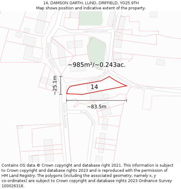 14, DAMSON GARTH, LUND, DRIFFIELD, YO25 9TH: Plot and title map