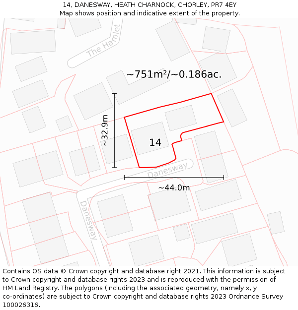 14, DANESWAY, HEATH CHARNOCK, CHORLEY, PR7 4EY: Plot and title map