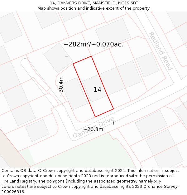 14, DANVERS DRIVE, MANSFIELD, NG19 6BT: Plot and title map
