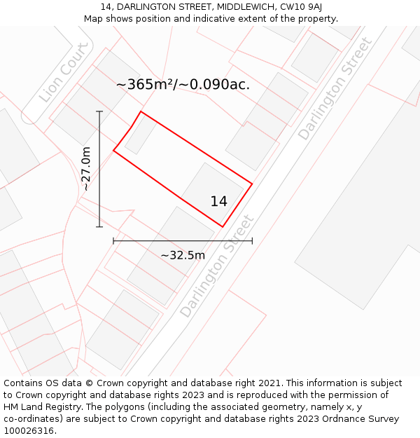 14, DARLINGTON STREET, MIDDLEWICH, CW10 9AJ: Plot and title map