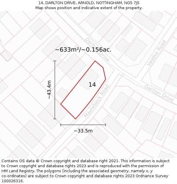 14, DARLTON DRIVE, ARNOLD, NOTTINGHAM, NG5 7JS: Plot and title map