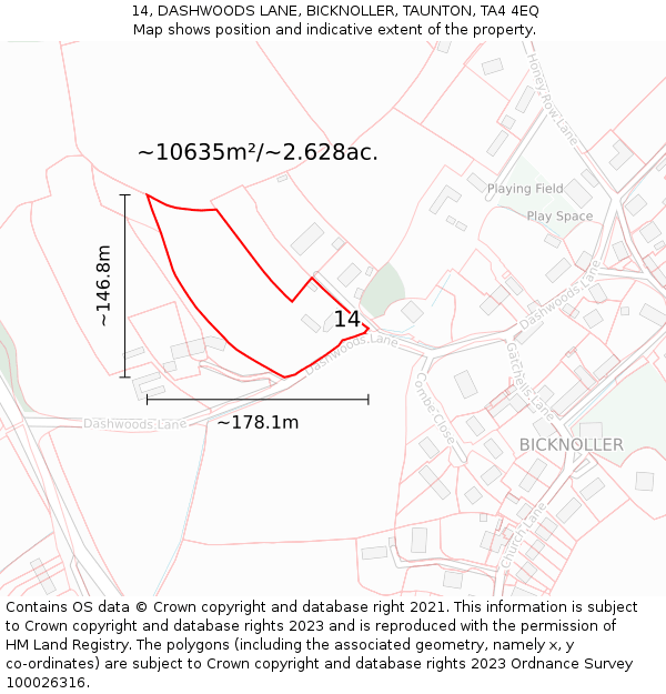 14, DASHWOODS LANE, BICKNOLLER, TAUNTON, TA4 4EQ: Plot and title map