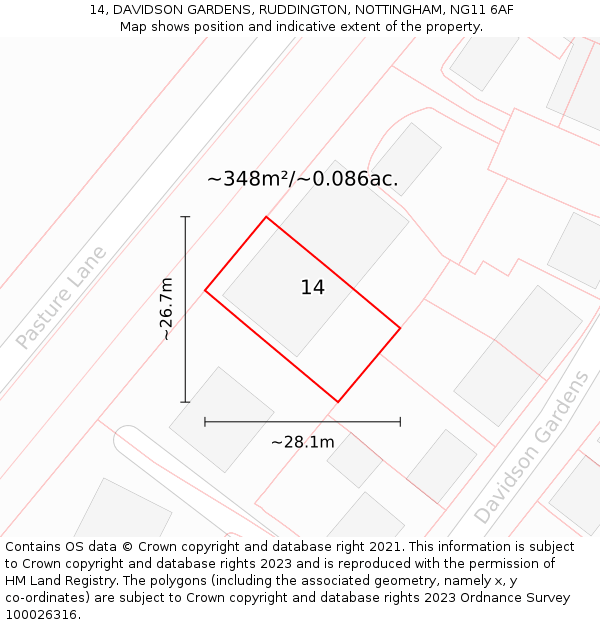 14, DAVIDSON GARDENS, RUDDINGTON, NOTTINGHAM, NG11 6AF: Plot and title map