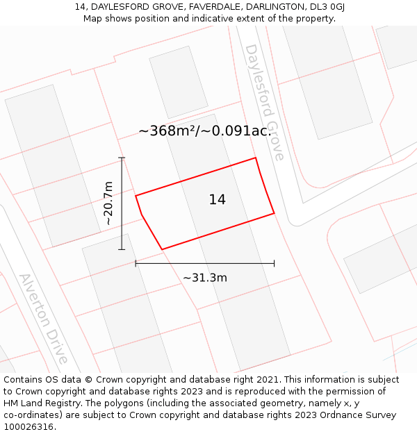 14, DAYLESFORD GROVE, FAVERDALE, DARLINGTON, DL3 0GJ: Plot and title map