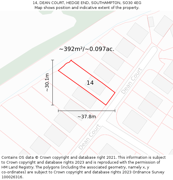 14, DEAN COURT, HEDGE END, SOUTHAMPTON, SO30 4EG: Plot and title map