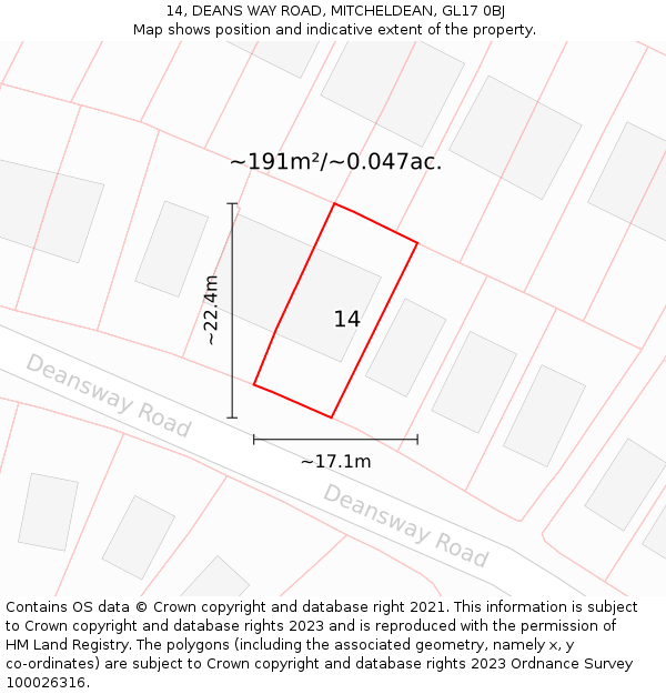 14, DEANS WAY ROAD, MITCHELDEAN, GL17 0BJ: Plot and title map