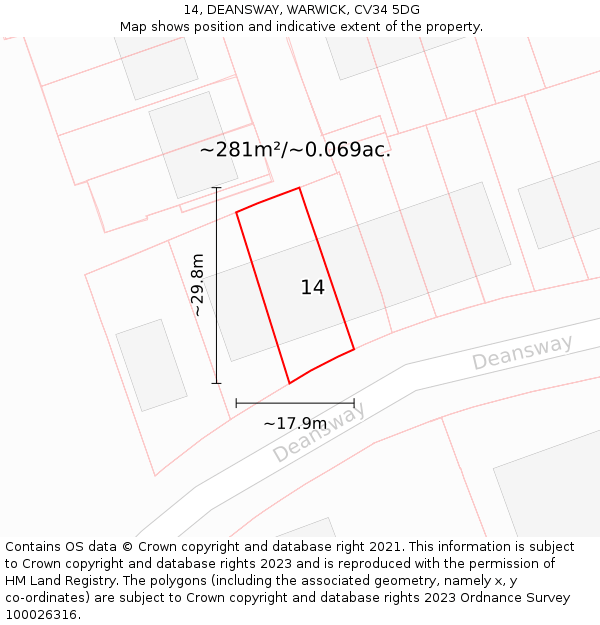 14, DEANSWAY, WARWICK, CV34 5DG: Plot and title map