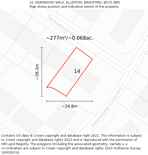 14, DEANWOOD WALK, ALLERTON, BRADFORD, BD15 9BN: Plot and title map