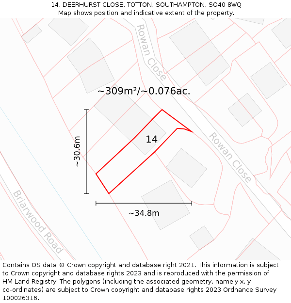 14, DEERHURST CLOSE, TOTTON, SOUTHAMPTON, SO40 8WQ: Plot and title map