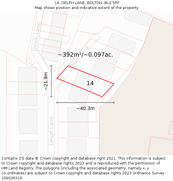 14, DELPH LANE, BOLTON, BL2 5PP: Plot and title map