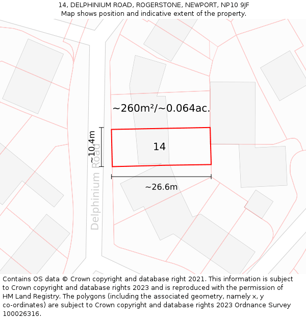 14, DELPHINIUM ROAD, ROGERSTONE, NEWPORT, NP10 9JF: Plot and title map