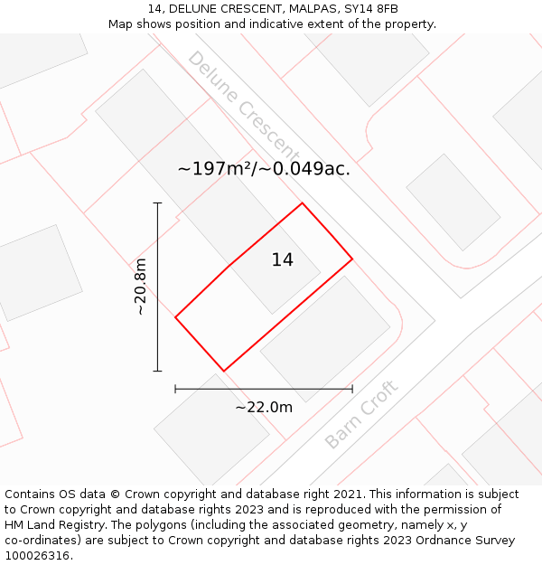 14, DELUNE CRESCENT, MALPAS, SY14 8FB: Plot and title map