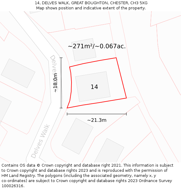 14, DELVES WALK, GREAT BOUGHTON, CHESTER, CH3 5XG: Plot and title map