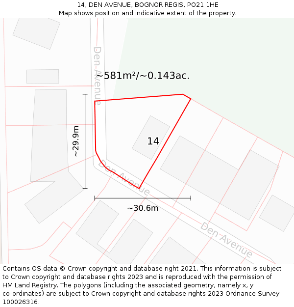 14, DEN AVENUE, BOGNOR REGIS, PO21 1HE: Plot and title map