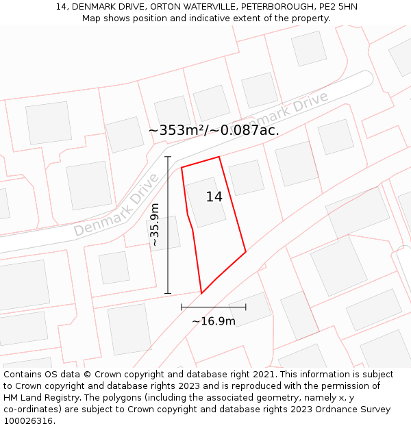 14, DENMARK DRIVE, ORTON WATERVILLE, PETERBOROUGH, PE2 5HN: Plot and title map