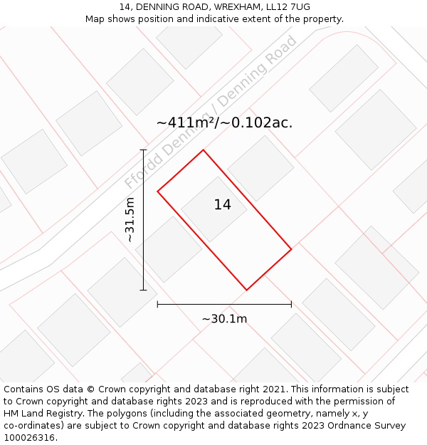 14, DENNING ROAD, WREXHAM, LL12 7UG: Plot and title map