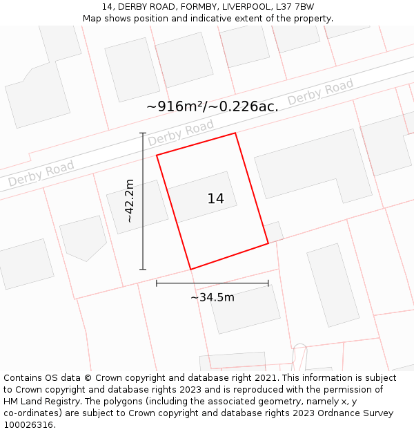 14, DERBY ROAD, FORMBY, LIVERPOOL, L37 7BW: Plot and title map