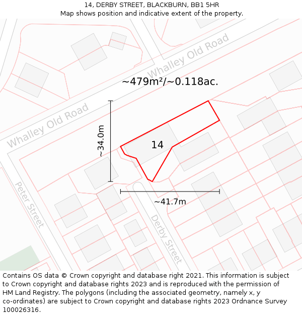 14, DERBY STREET, BLACKBURN, BB1 5HR: Plot and title map