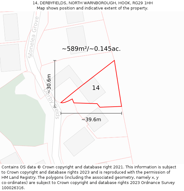 14, DERBYFIELDS, NORTH WARNBOROUGH, HOOK, RG29 1HH: Plot and title map