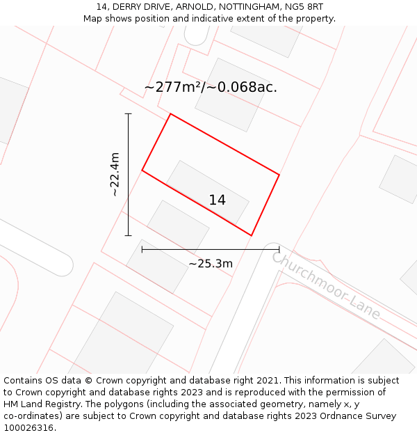 14, DERRY DRIVE, ARNOLD, NOTTINGHAM, NG5 8RT: Plot and title map