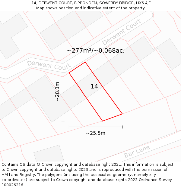 14, DERWENT COURT, RIPPONDEN, SOWERBY BRIDGE, HX6 4JE: Plot and title map