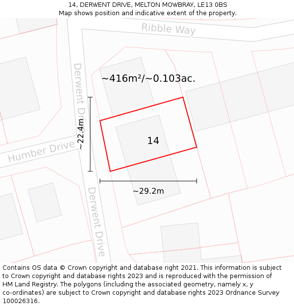 14, DERWENT DRIVE, MELTON MOWBRAY, LE13 0BS: Plot and title map