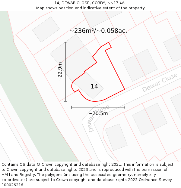 14, DEWAR CLOSE, CORBY, NN17 4AH: Plot and title map