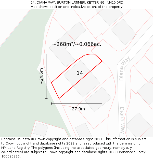 14, DIANA WAY, BURTON LATIMER, KETTERING, NN15 5RD: Plot and title map