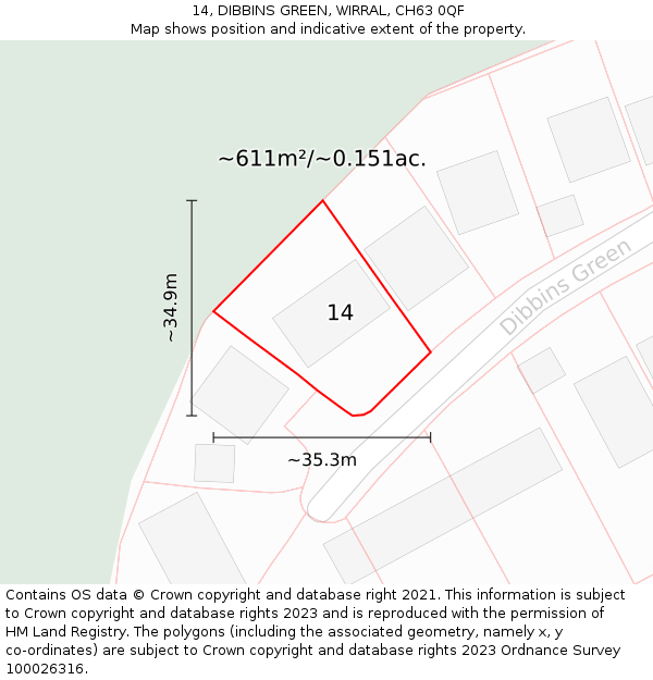 14, DIBBINS GREEN, WIRRAL, CH63 0QF: Plot and title map