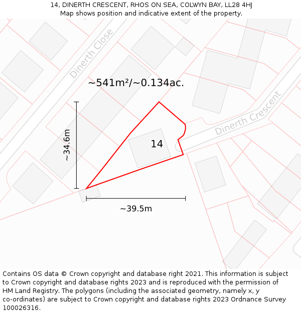 14, DINERTH CRESCENT, RHOS ON SEA, COLWYN BAY, LL28 4HJ: Plot and title map