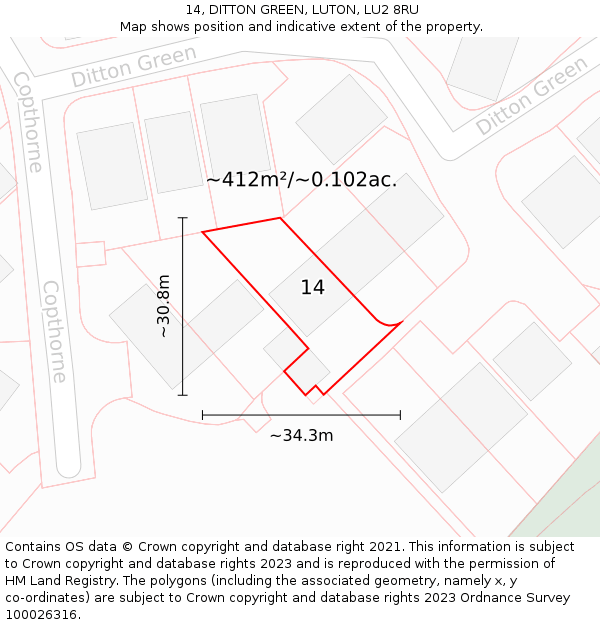 14, DITTON GREEN, LUTON, LU2 8RU: Plot and title map