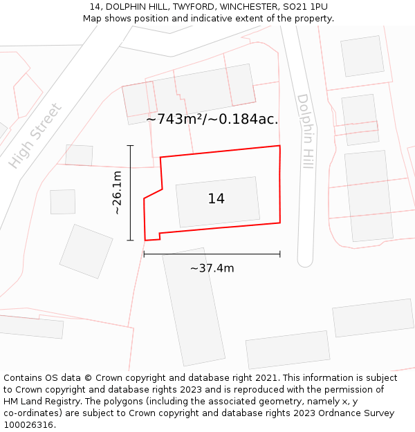 14, DOLPHIN HILL, TWYFORD, WINCHESTER, SO21 1PU: Plot and title map