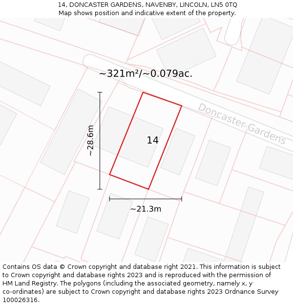 14, DONCASTER GARDENS, NAVENBY, LINCOLN, LN5 0TQ: Plot and title map