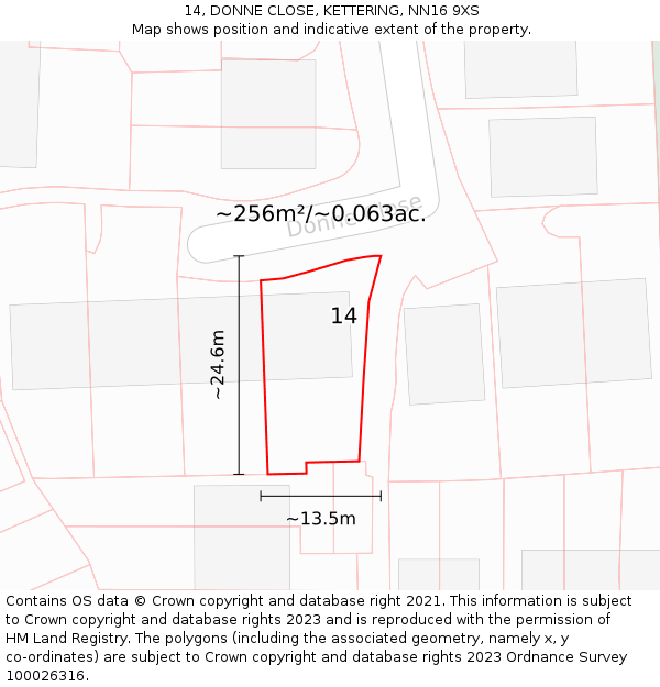 14, DONNE CLOSE, KETTERING, NN16 9XS: Plot and title map