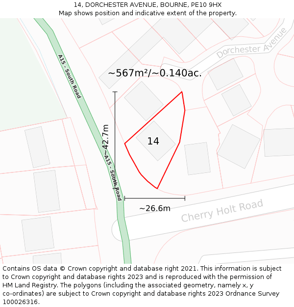 14, DORCHESTER AVENUE, BOURNE, PE10 9HX: Plot and title map