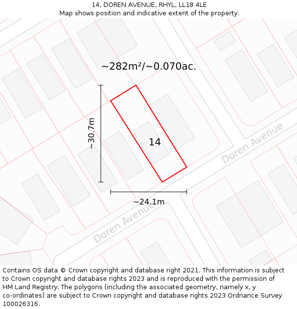 14, DOREN AVENUE, RHYL, LL18 4LE: Plot and title map