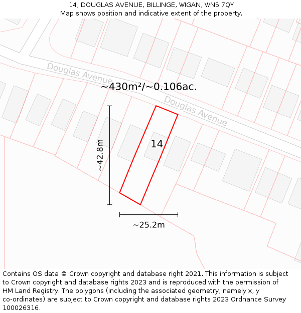 14, DOUGLAS AVENUE, BILLINGE, WIGAN, WN5 7QY: Plot and title map