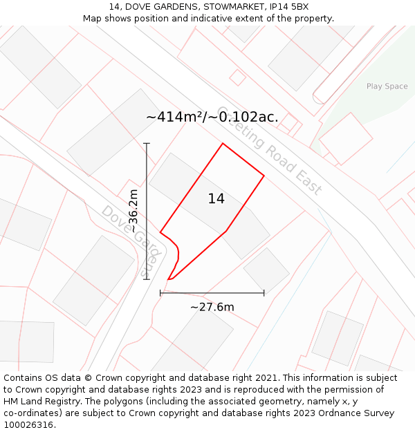 14, DOVE GARDENS, STOWMARKET, IP14 5BX: Plot and title map