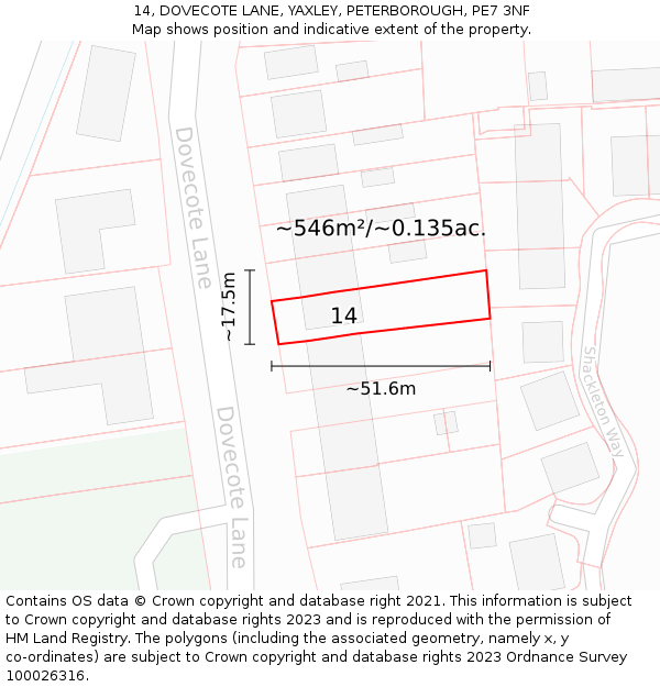 14, DOVECOTE LANE, YAXLEY, PETERBOROUGH, PE7 3NF: Plot and title map