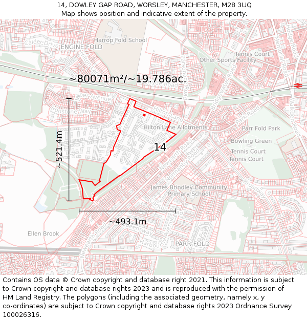 14, DOWLEY GAP ROAD, WORSLEY, MANCHESTER, M28 3UQ: Plot and title map