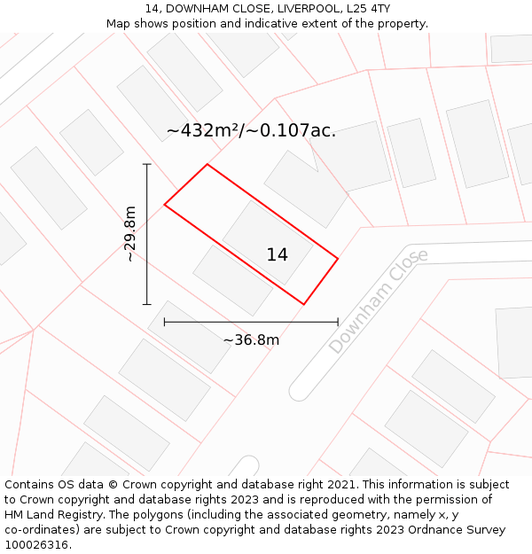 14, DOWNHAM CLOSE, LIVERPOOL, L25 4TY: Plot and title map