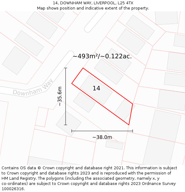 14, DOWNHAM WAY, LIVERPOOL, L25 4TX: Plot and title map