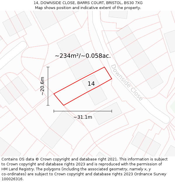 14, DOWNSIDE CLOSE, BARRS COURT, BRISTOL, BS30 7XG: Plot and title map