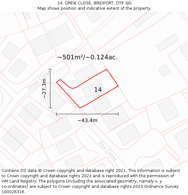 14, DREW CLOSE, BRIDPORT, DT6 3JG: Plot and title map