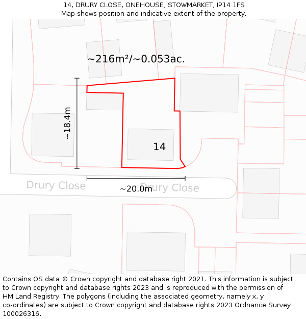 14, DRURY CLOSE, ONEHOUSE, STOWMARKET, IP14 1FS: Plot and title map