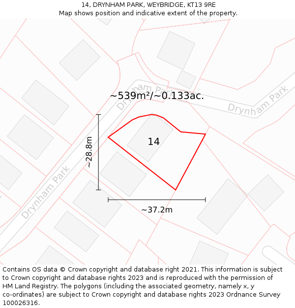 14, DRYNHAM PARK, WEYBRIDGE, KT13 9RE: Plot and title map