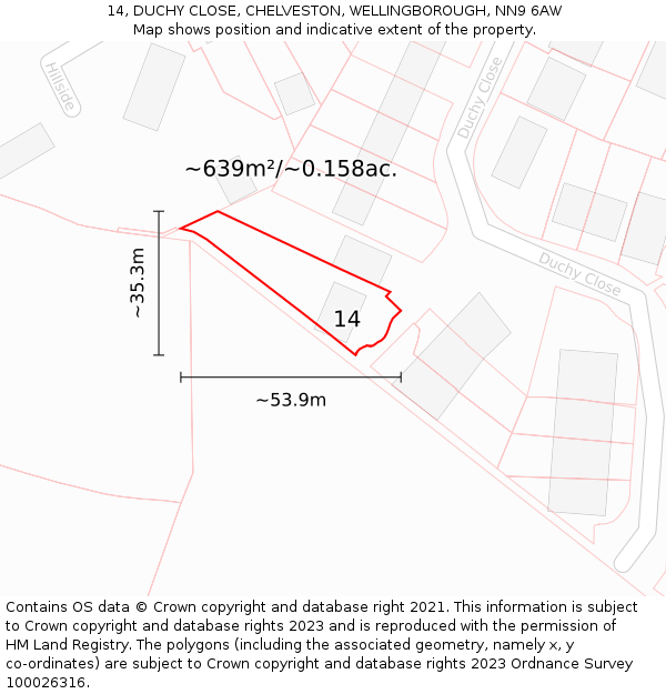 14, DUCHY CLOSE, CHELVESTON, WELLINGBOROUGH, NN9 6AW: Plot and title map