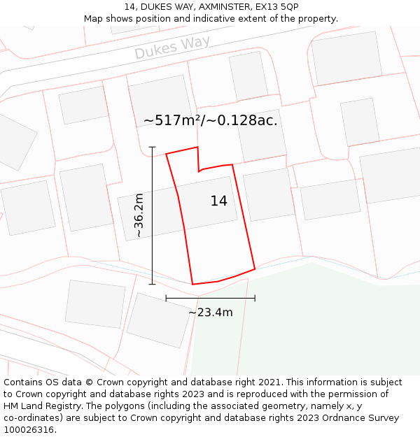 14, DUKES WAY, AXMINSTER, EX13 5QP: Plot and title map