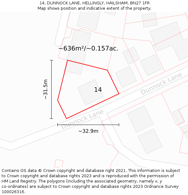 14, DUNNOCK LANE, HELLINGLY, HAILSHAM, BN27 1FR: Plot and title map