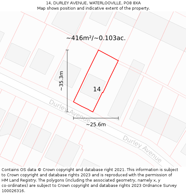 14, DURLEY AVENUE, WATERLOOVILLE, PO8 8XA: Plot and title map